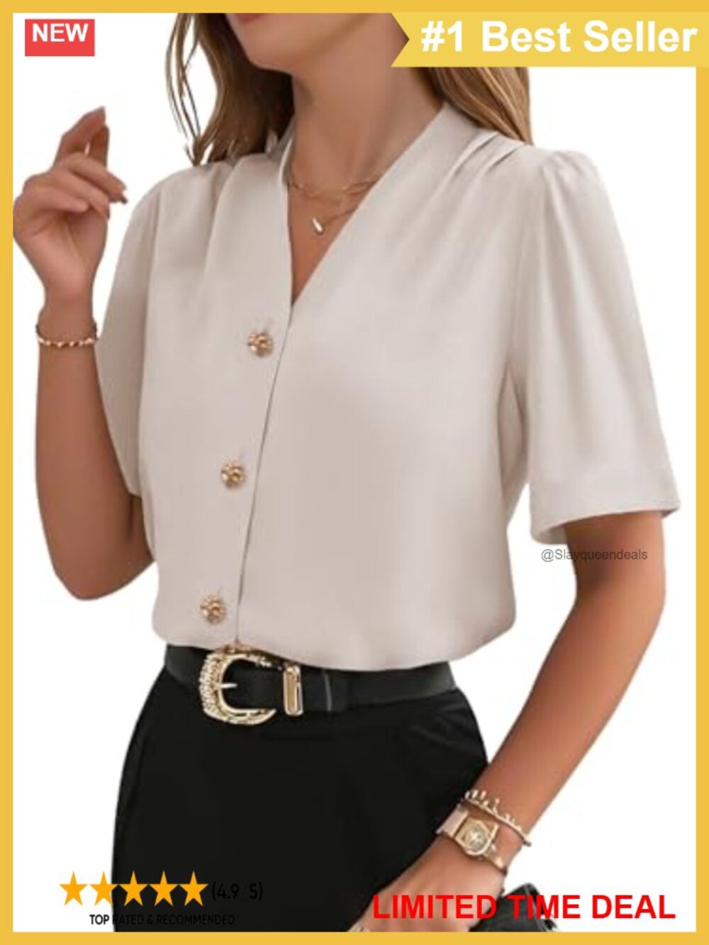 Womens V-Neck Button Down Blouse Short Sleeve Business Casual Top